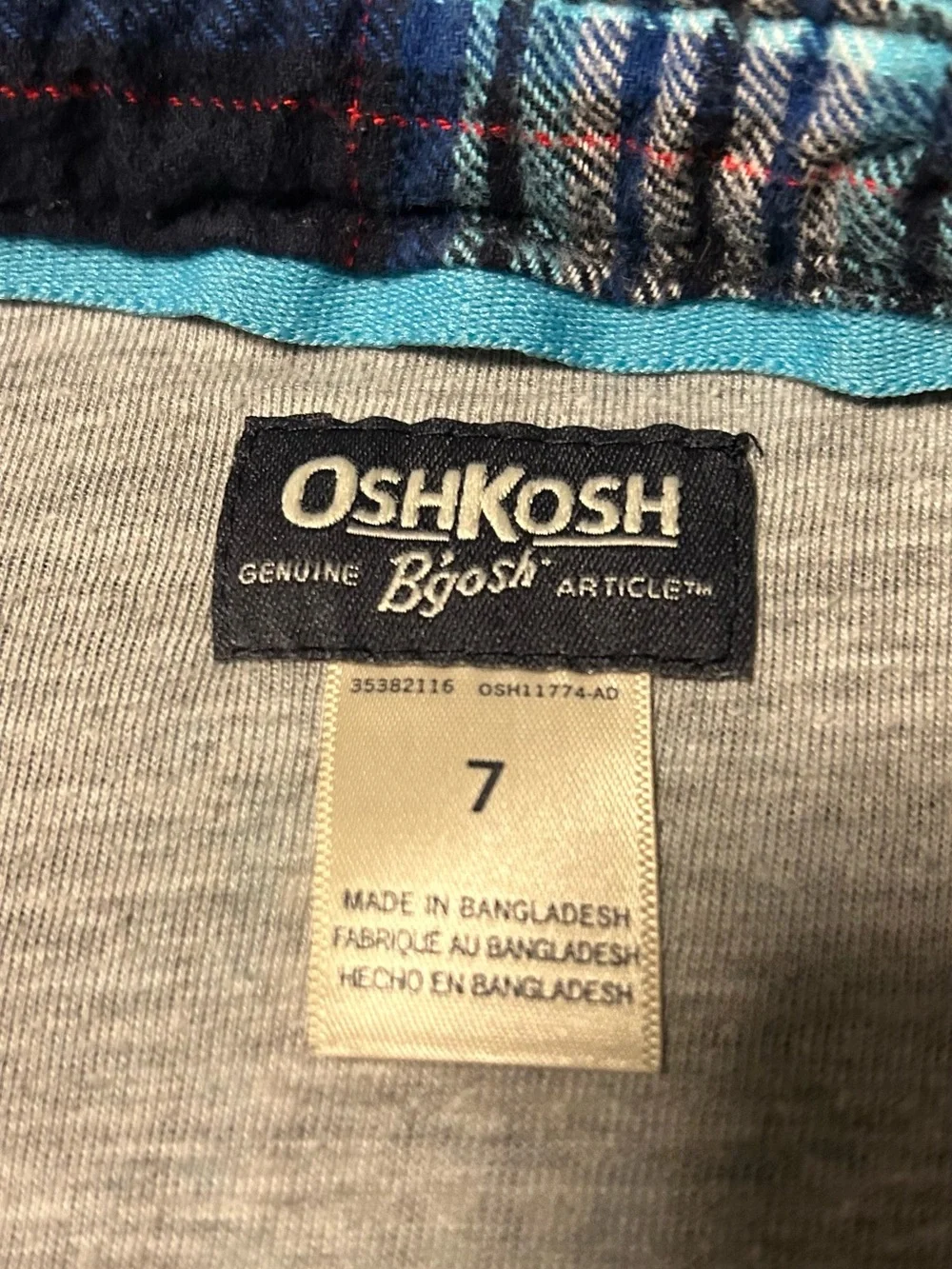 OshKosh B'gosh Boy’s Plaid Flannel Cabincore Navy and Red Button-Down Shirt Sz 7